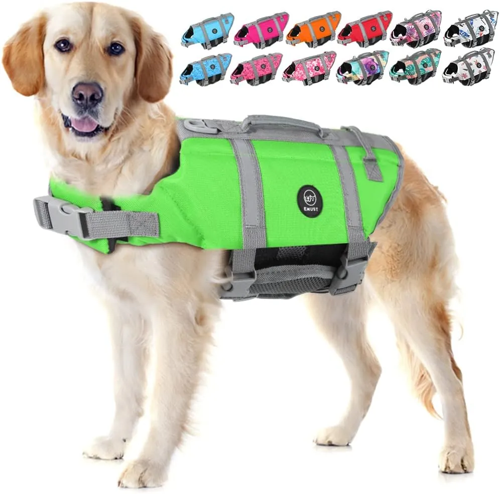 EMUST Dog Life Vests, Adjustable Dog Life Jacket with Rescue Handle, Dogs Flotation Vest for Small/Medium/Large Dogs, XS, NewGreen