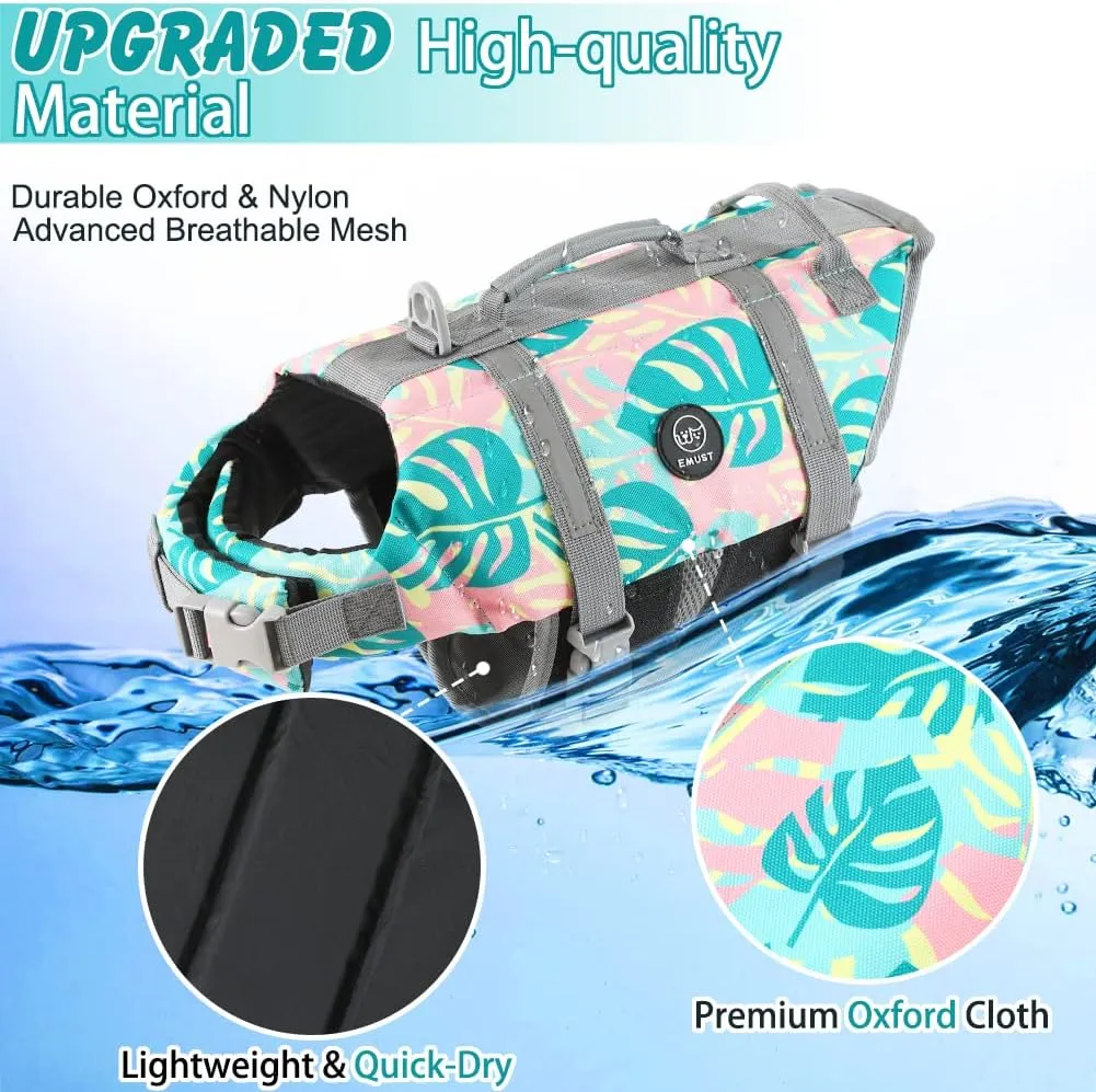 EMUST Dog Life Vests, Adjustable Pet Life Jacket with Rescue Handle, Dog Flotation Vest for Small/Medium/Large Dogs, XS, Greenleaf