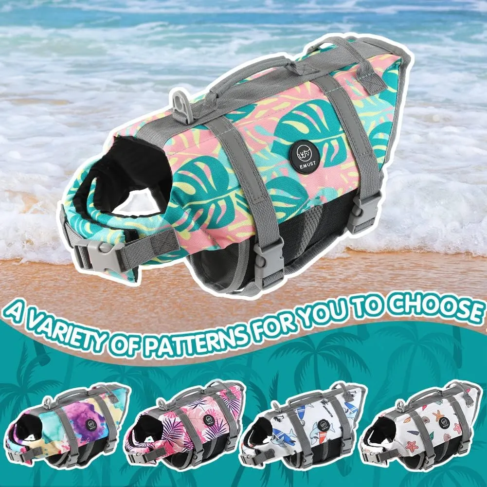 EMUST Dog Life Vests, Adjustable Pet Life Jacket with Rescue Handle, Dog Flotation Vest for Small/Medium/Large Dogs, XS, Greenleaf