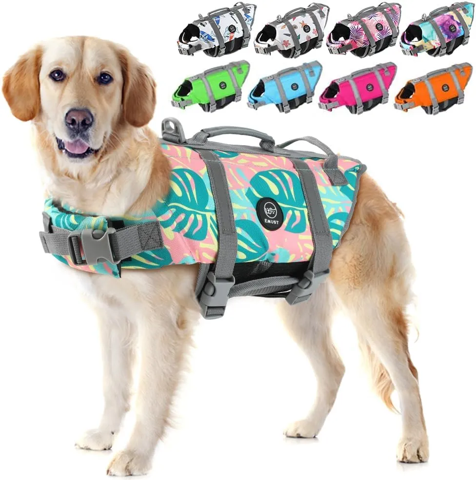EMUST Dog Life Vests, Adjustable Pet Life Jacket with Rescue Handle, Dog Flotation Vest for Small/Medium/Large Dogs, XS, Greenleaf