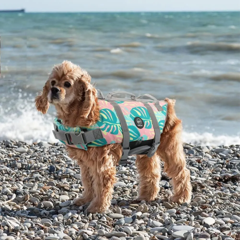 EMUST Dog Life Vests, Adjustable Pet Life Jacket with Rescue Handle, Dog Flotation Vest for Small/Medium/Large Dogs, XS, Greenleaf