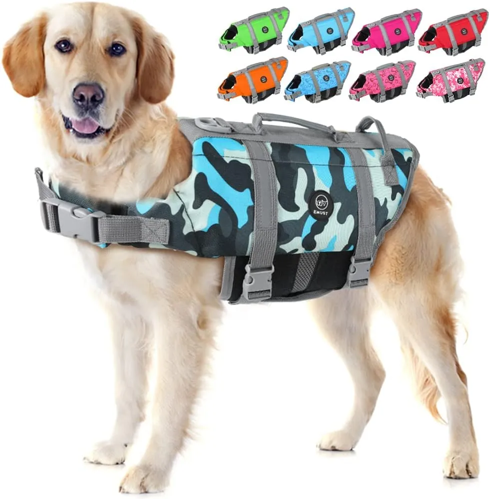 EMUST Dog Life Vests, Adjustable Pet Life Jacket with Rescue Handle, Dog Flotation Vest for Small/Medium/Large Dogs, XS, NewBlueCamouflage