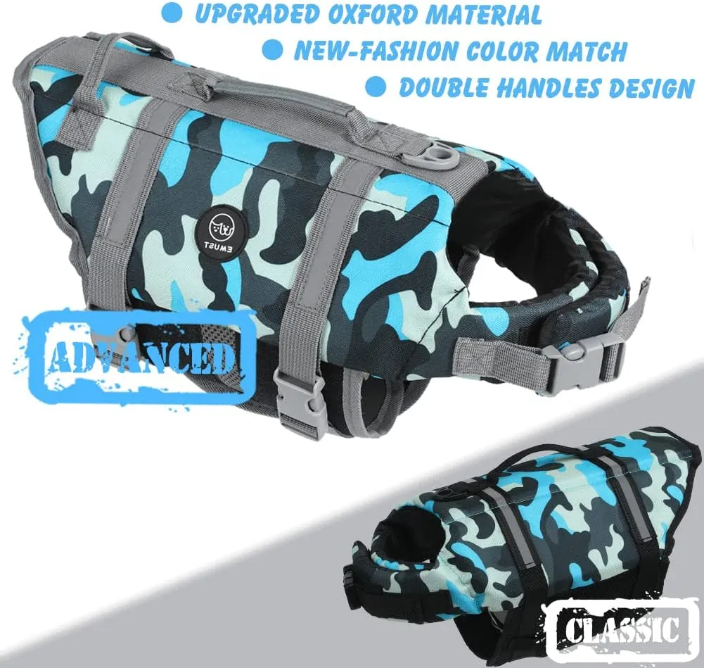EMUST Dog Life Vests, Adjustable Pet Life Jacket with Rescue Handle, Dog Flotation Vest for Small/Medium/Large Dogs, XS, NewBlueCamouflage