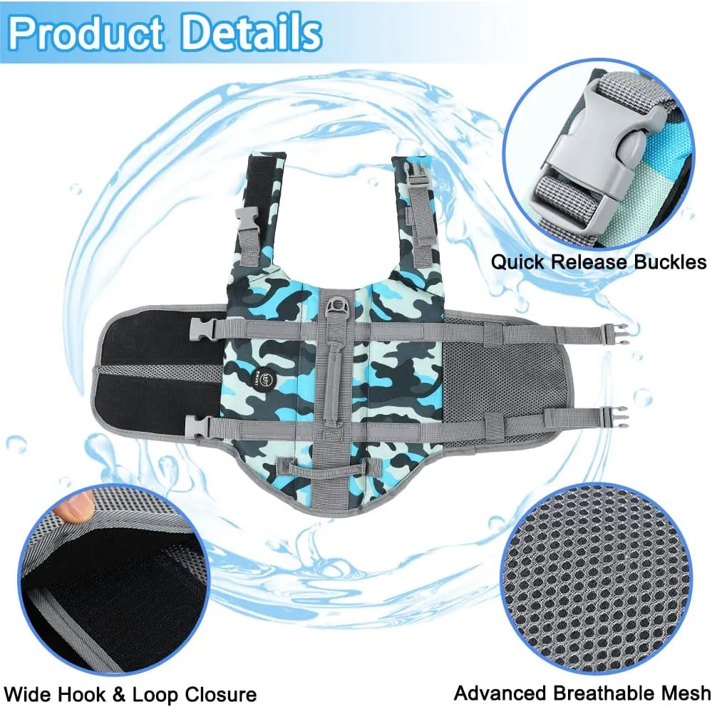EMUST Dog Life Vests, Adjustable Pet Life Jacket with Rescue Handle, Dog Flotation Vest for Small/Medium/Large Dogs, XS, NewBlueCamouflage