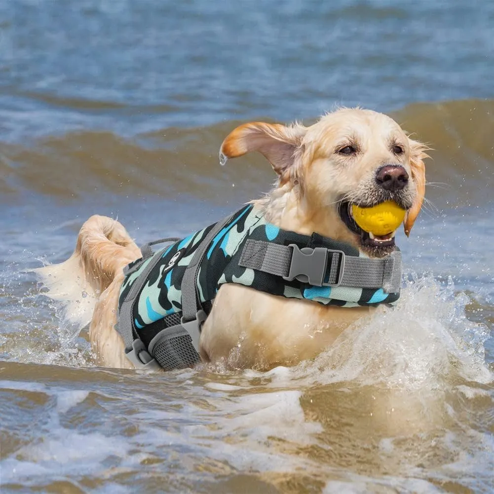 EMUST Dog Life Vests, Adjustable Pet Life Jacket with Rescue Handle, Dog Flotation Vest for Small/Medium/Large Dogs, XS, NewBlueCamouflage