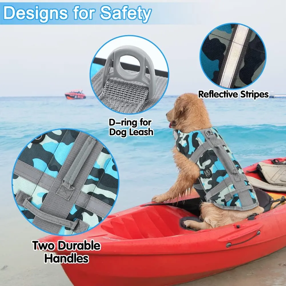 EMUST Dog Life Vests, Adjustable Pet Life Jacket with Rescue Handle, Dog Flotation Vest for Small/Medium/Large Dogs, XS, NewBlueCamouflage