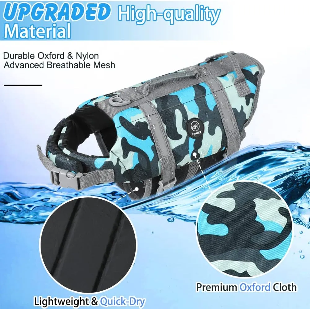 EMUST Dog Life Vests, Adjustable Pet Life Jacket with Rescue Handle, Dog Flotation Vest for Small/Medium/Large Dogs, XS, NewBlueCamouflage