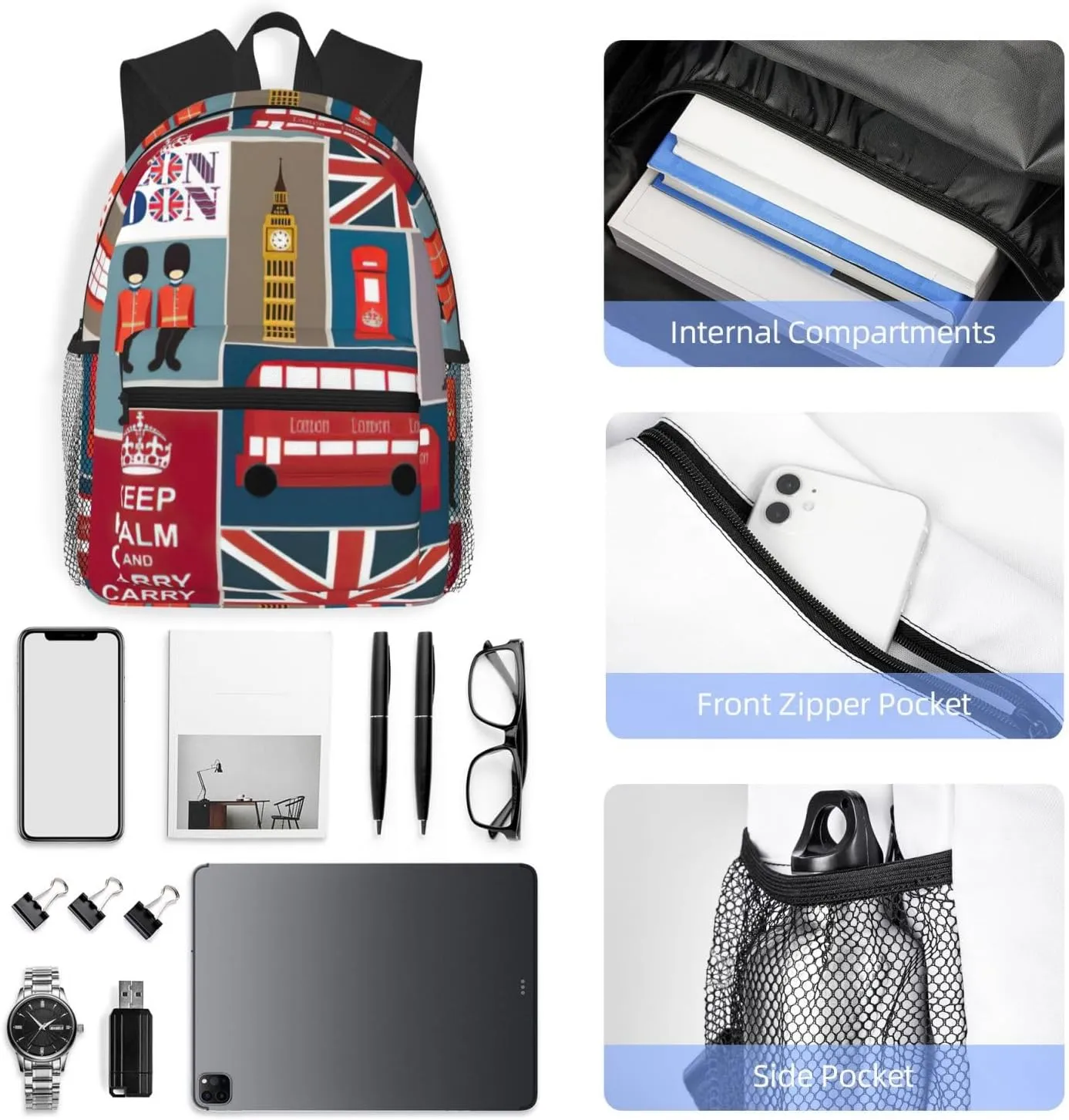 England Symbols print backpack Travel Laptop Backpack Cute Purse Casual Backpack work, traveling,