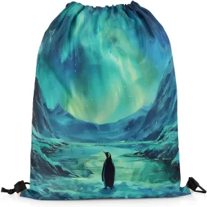 Erosebridal Ombre Dreamy Aurora Drawstring Backpack,Penguin Natural Draw String Back Bag,Galaxy Stars Starry Sky Drawstring Bags,Wildlife Safari Polar Animal String Backpack,13x15.7