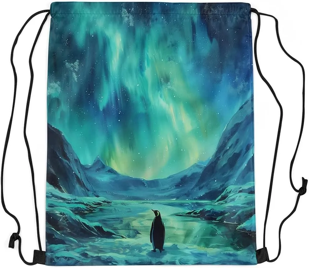 Erosebridal Ombre Dreamy Aurora Drawstring Backpack,Penguin Natural Draw String Back Bag,Galaxy Stars Starry Sky Drawstring Bags,Wildlife Safari Polar Animal String Backpack,13x15.7