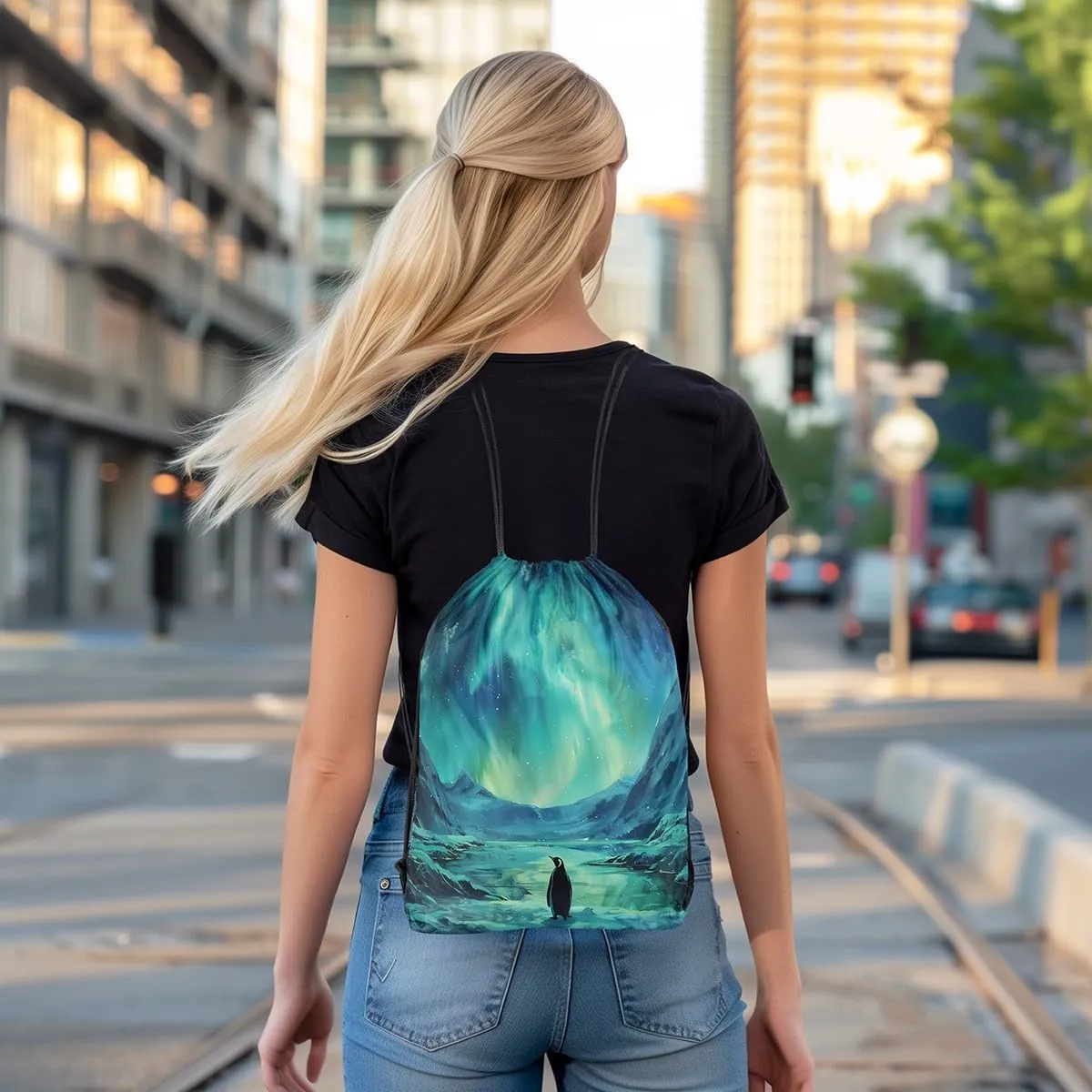 Erosebridal Ombre Dreamy Aurora Drawstring Backpack,Penguin Natural Draw String Back Bag,Galaxy Stars Starry Sky Drawstring Bags,Wildlife Safari Polar Animal String Backpack,13x15.7