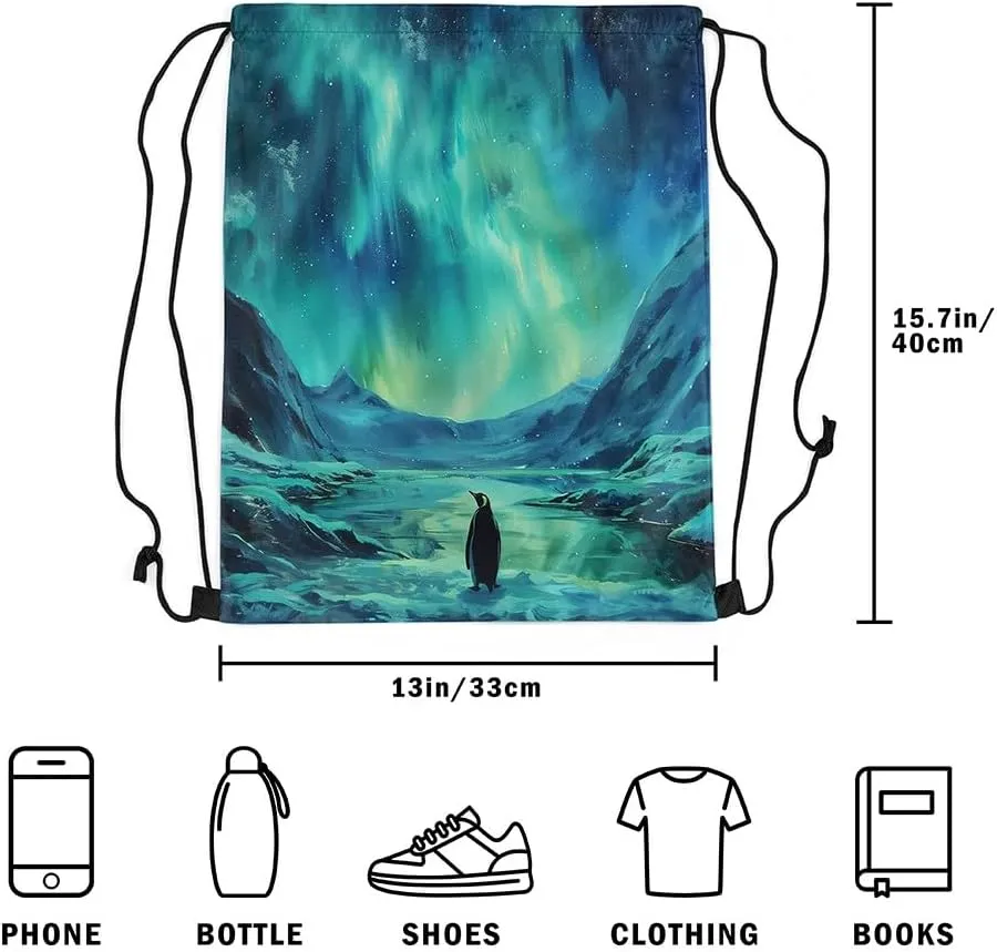 Erosebridal Ombre Dreamy Aurora Drawstring Backpack,Penguin Natural Draw String Back Bag,Galaxy Stars Starry Sky Drawstring Bags,Wildlife Safari Polar Animal String Backpack,13x15.7