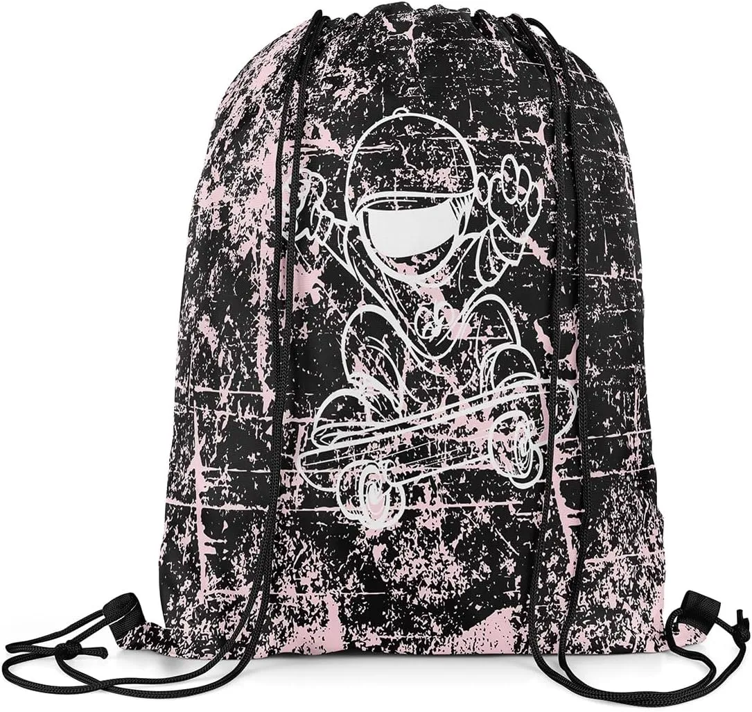 Erosebridal Pink Skateboard Player Drawstring Backpack for Sport Gym,Ombre Graffiti Drawstring Bags,Hipster Street Culture Draw String Back Bag,Skateboard Hip Hop Style String Backpack,13x15.7