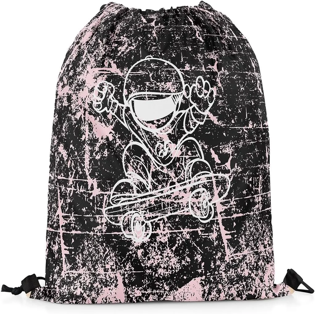 Erosebridal Pink Skateboard Player Drawstring Backpack for Sport Gym,Ombre Graffiti Drawstring Bags,Hipster Street Culture Draw String Back Bag,Skateboard Hip Hop Style String Backpack,13x15.7