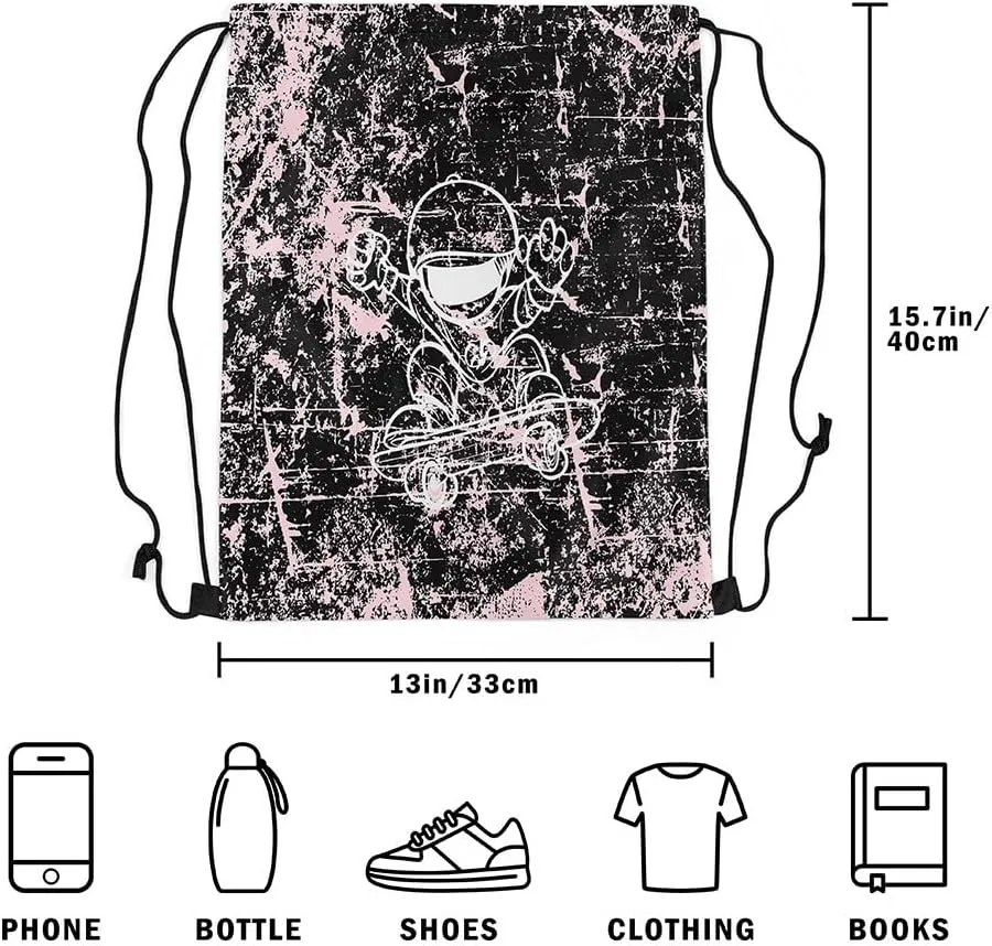 Erosebridal Pink Skateboard Player Drawstring Backpack for Sport Gym,Ombre Graffiti Drawstring Bags,Hipster Street Culture Draw String Back Bag,Skateboard Hip Hop Style String Backpack,13x15.7