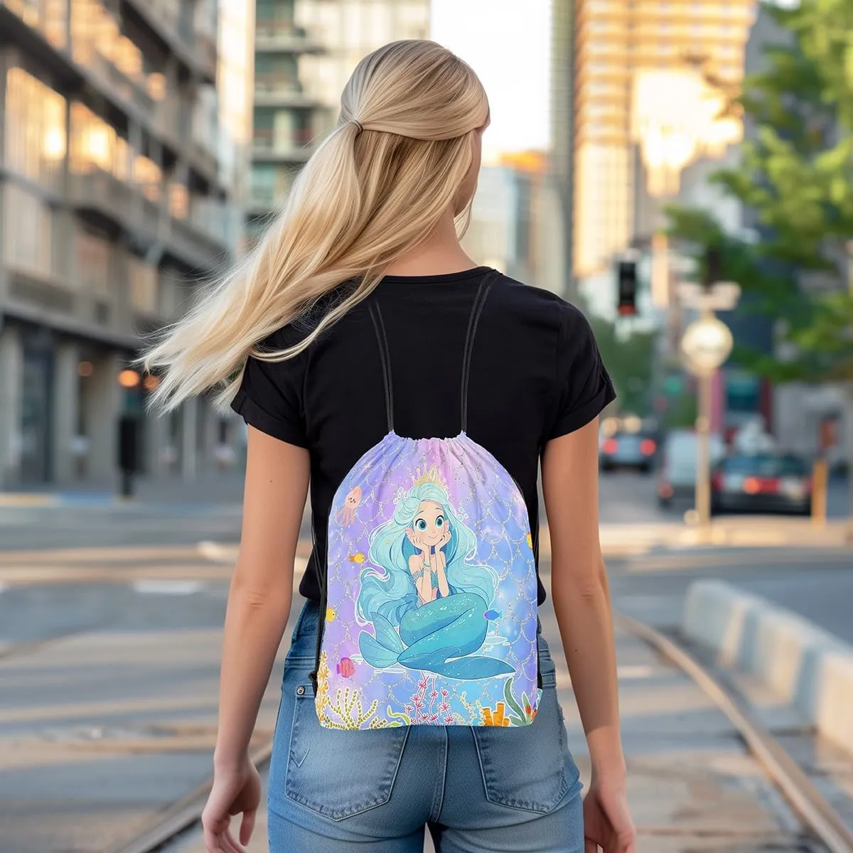 Erosebridal Rainbow Drawstring Bags 13X15.7 Mermaid Tail Draw String Back Bag Ombre Blue Fish Scales Drawstring Backpack Ocean Life Sea Animal String Backpack,Blue Purple Waterproof