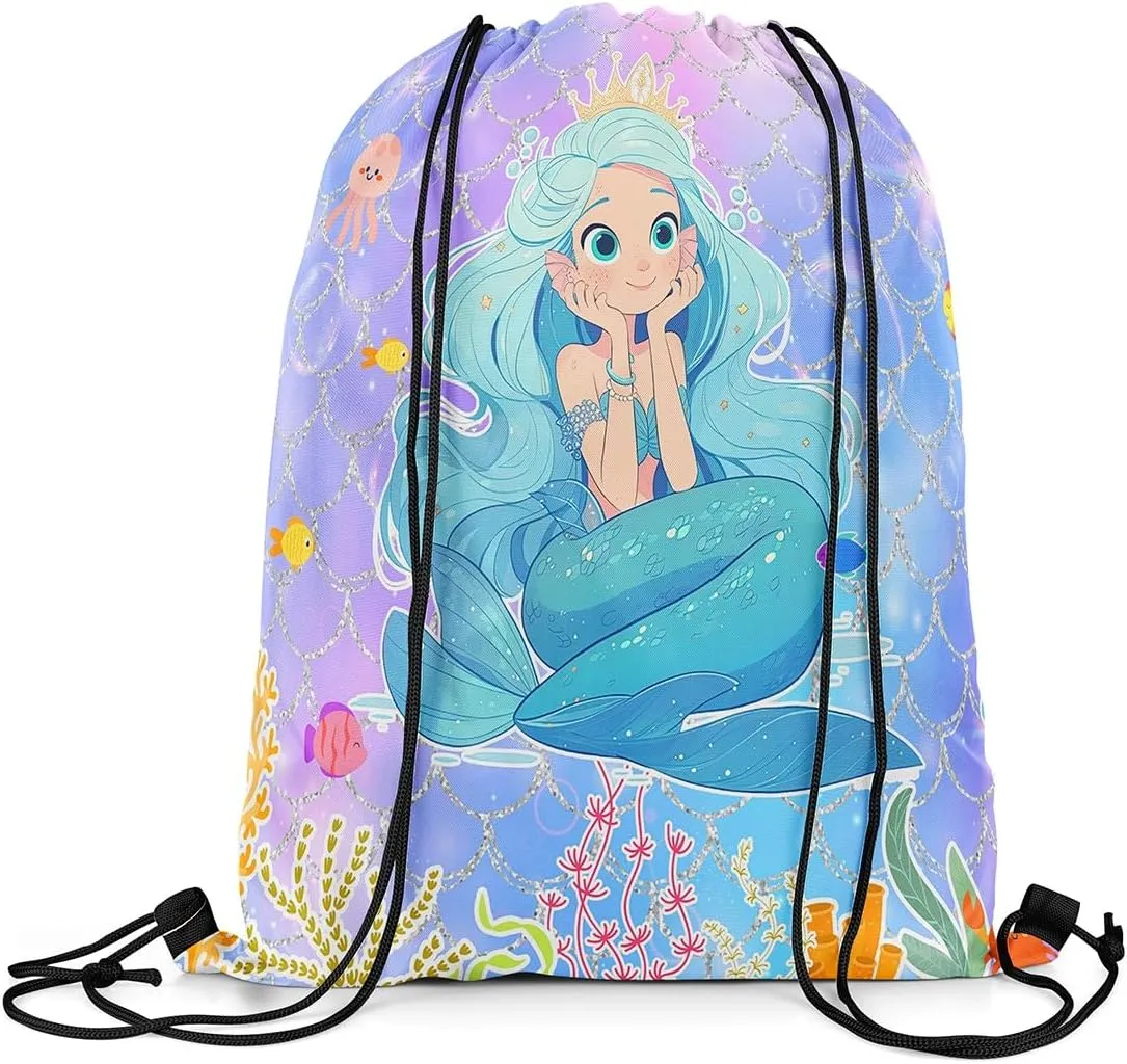 Erosebridal Rainbow Drawstring Bags 13X15.7 Mermaid Tail Draw String Back Bag Ombre Blue Fish Scales Drawstring Backpack Ocean Life Sea Animal String Backpack,Blue Purple Waterproof