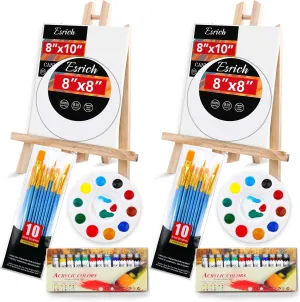 ESRICH Acrylic Paint Canvas Set,52 Piece Professional Painting Supplies Kit with 2 Wood Easel,2 * 12Colors,2 * 10 Brushes,Circular Canvas Etc,Premium Paint Kit for Kids,Students, Artists and Beginner