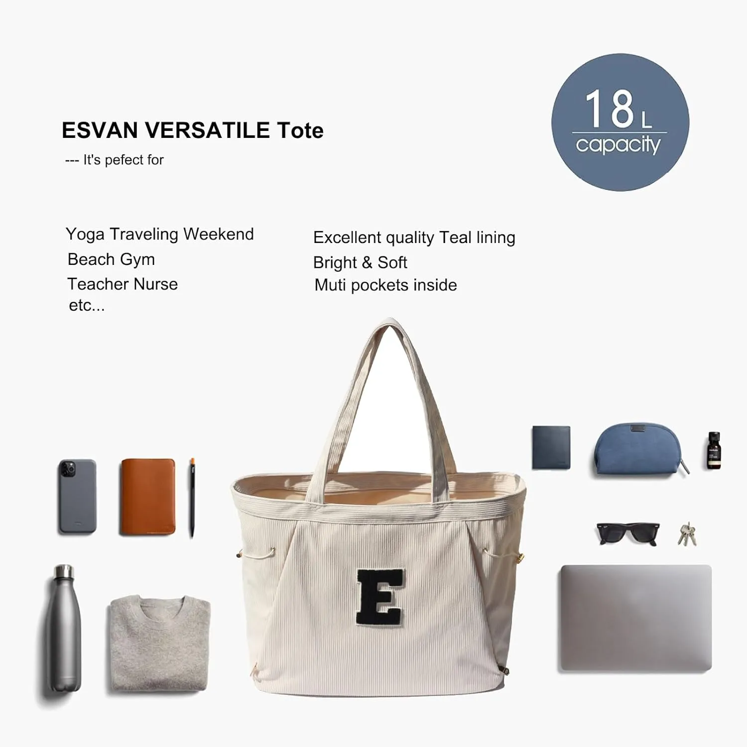 ESVAN Corduroy Yoga Tote Bag Gifts for Women Drawstring Yoga Mat Bag for Office Workout Travel Carryall Pilates Gym
