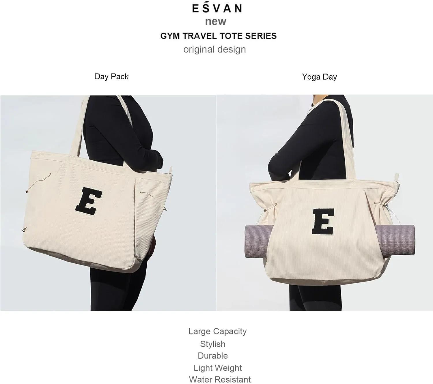 ESVAN Corduroy Yoga Tote Bag Gifts for Women Drawstring Yoga Mat Bag for Office Workout Travel Carryall Pilates Gym