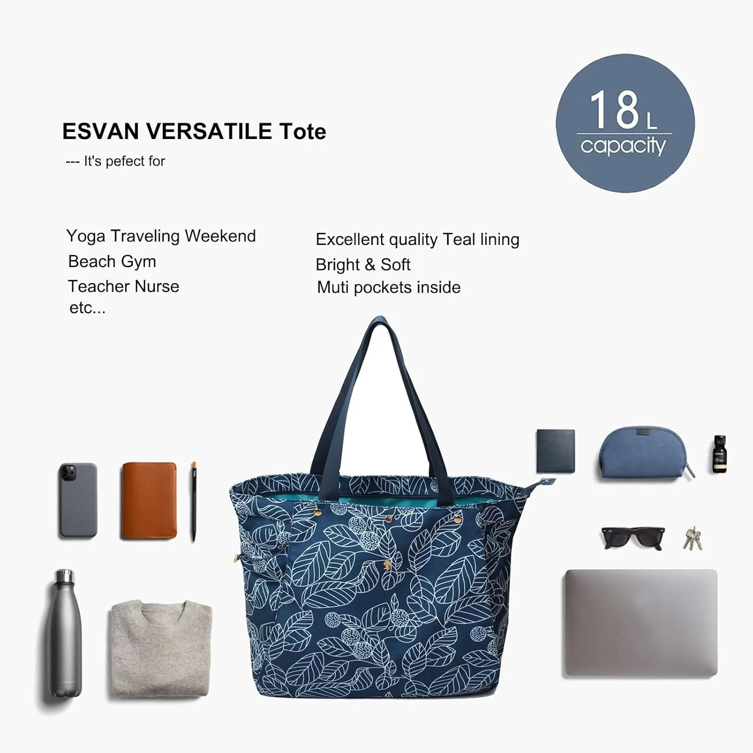 ESVAN Yoga Mat Bag, Gym Bag Tote Bag with Multi Pockets For Women Drawstring Yoga Mat Carrier Pilates Travel Workout Office