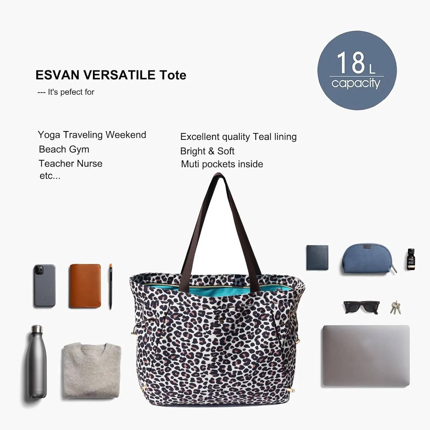 ESVAN Yoga Tote Bag for Women Shoulder Bags Drawstring for Office Workout Travel Carryall Pilates Gym and Beach