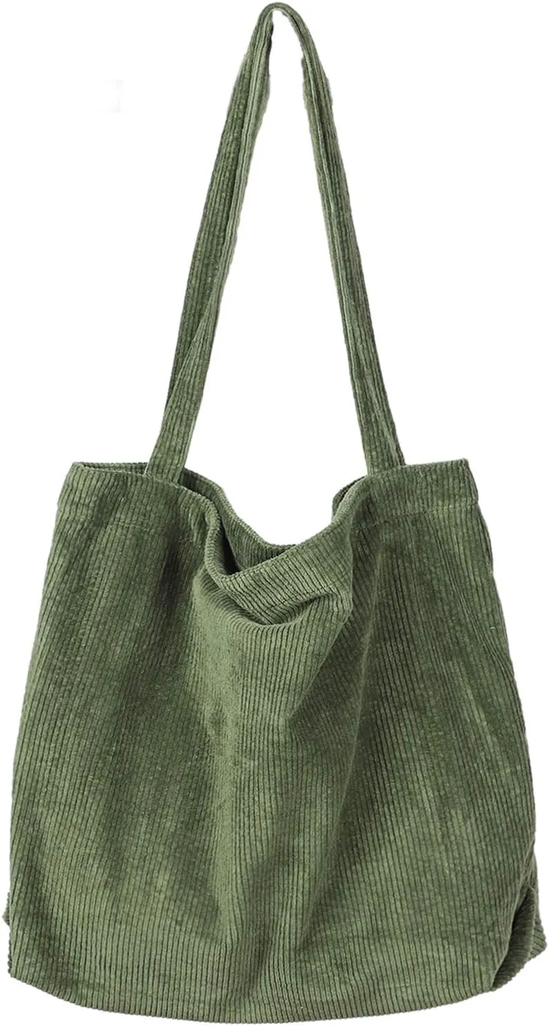 Etercycle Women Corduroy Tote Bag, Casual Handbags Big Capacity Shopping Shoulder Bag with Pocket (Army Green)