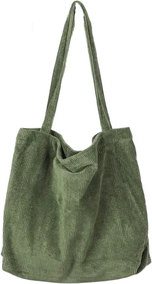Etercycle Women Corduroy Tote Bag, Casual Handbags Big Capacity Shopping Shoulder Bag with Pocket (Army Green)