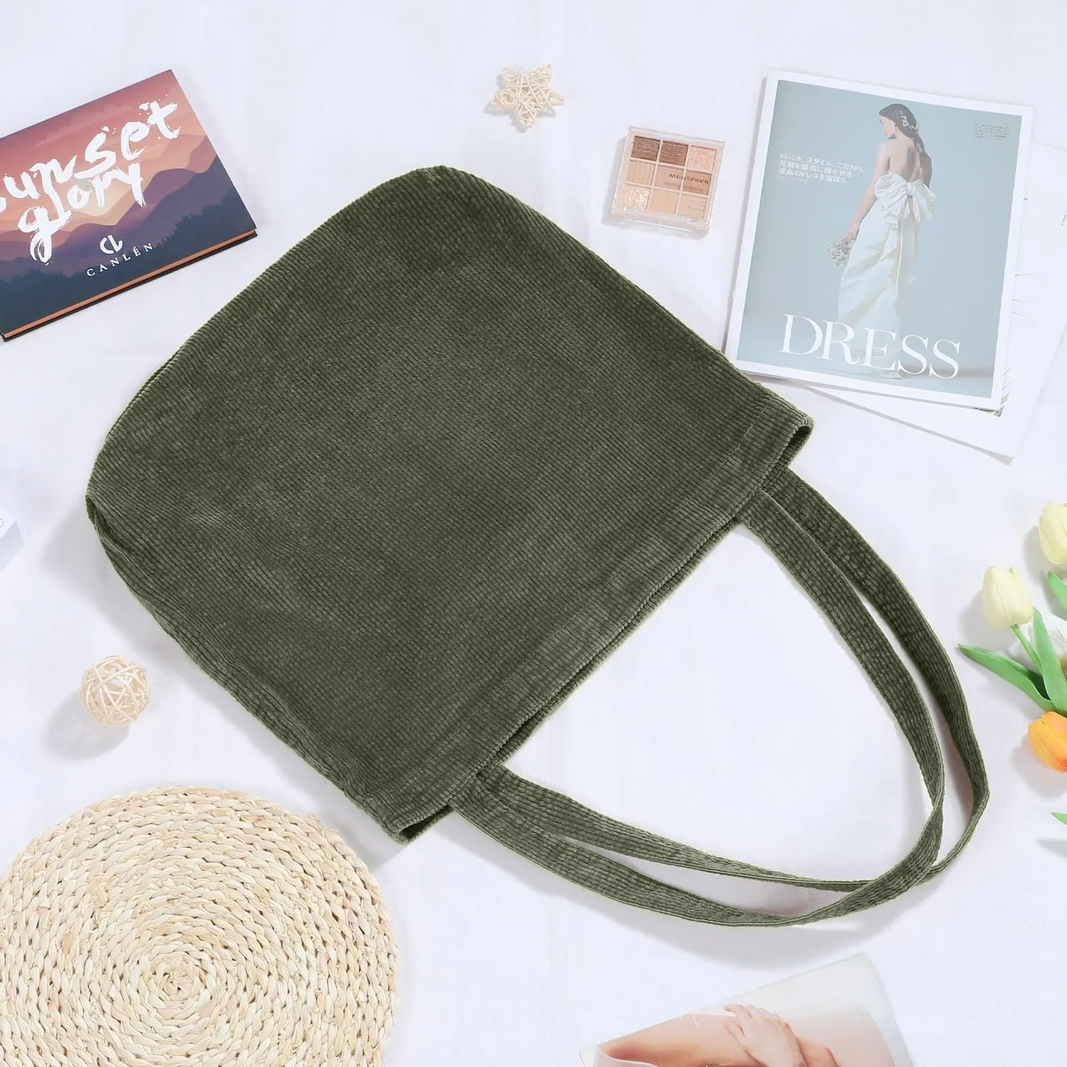 Etercycle Women Corduroy Tote Bag, Casual Handbags Big Capacity Shopping Shoulder Bag with Pocket (Army Green)
