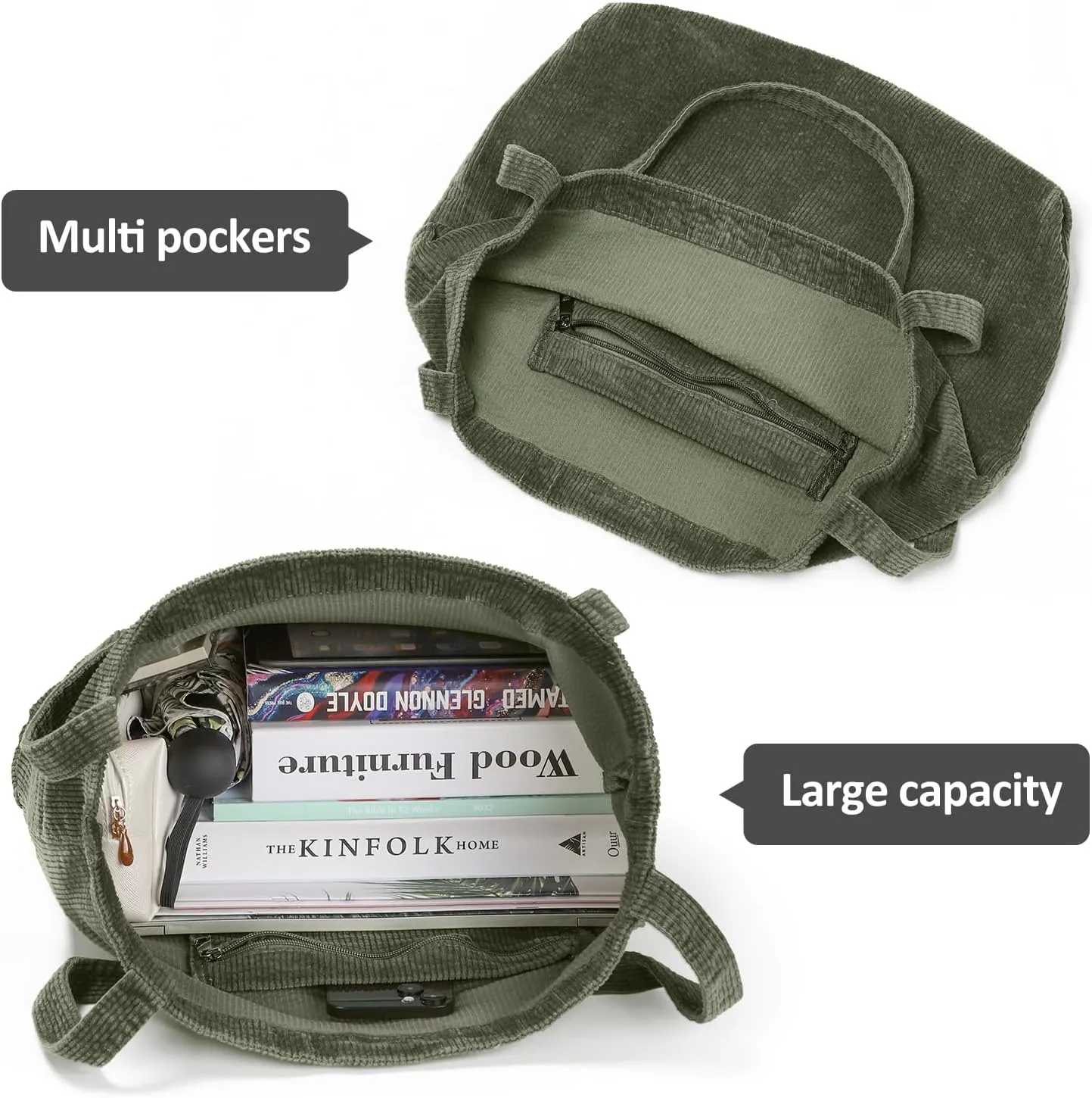 Etercycle Women Corduroy Tote Bag, Casual Handbags Big Capacity Shopping Shoulder Bag with Pocket (Army Green)