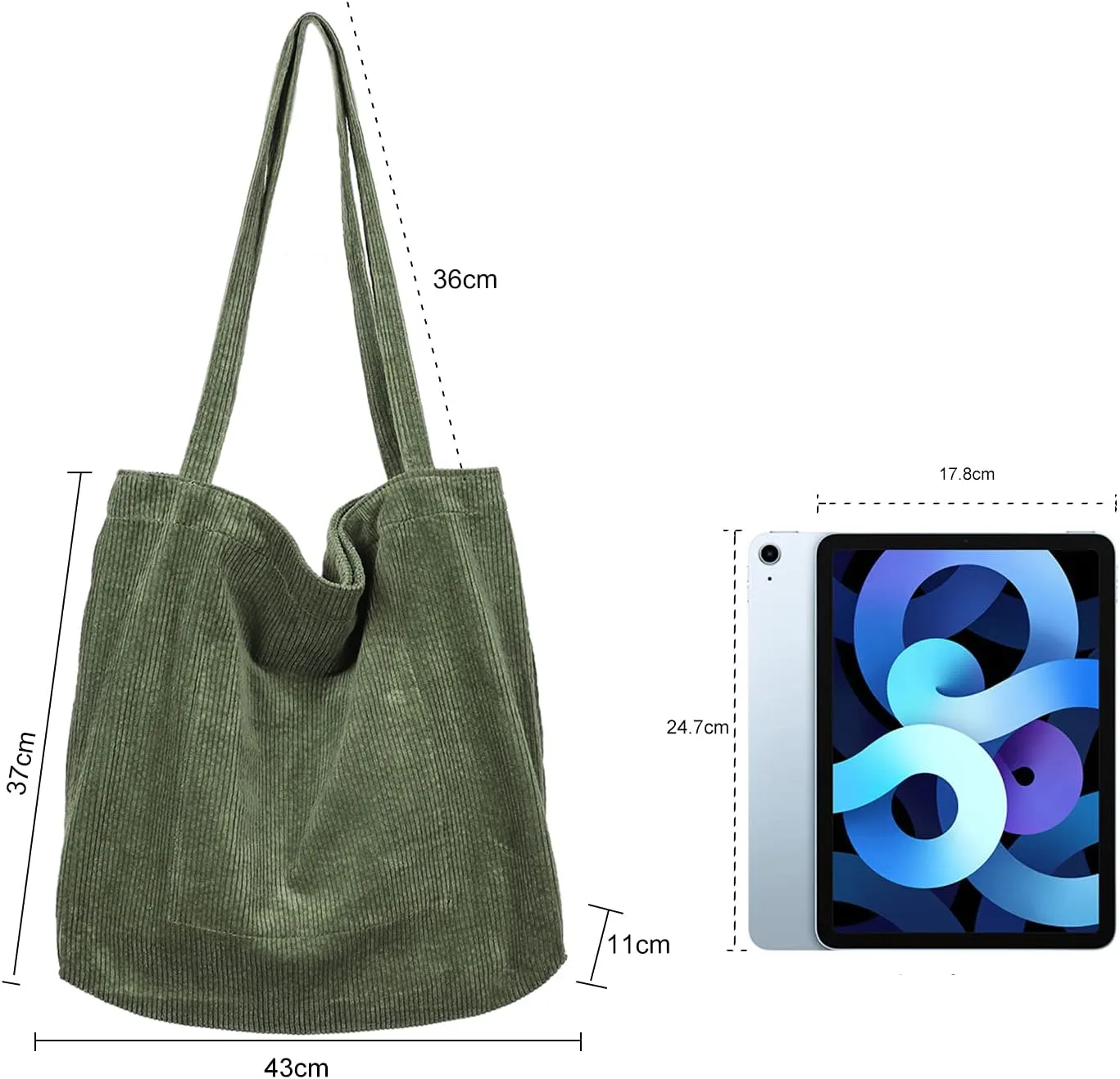 Etercycle Women Corduroy Tote Bag, Casual Handbags Big Capacity Shopping Shoulder Bag with Pocket (Army Green)