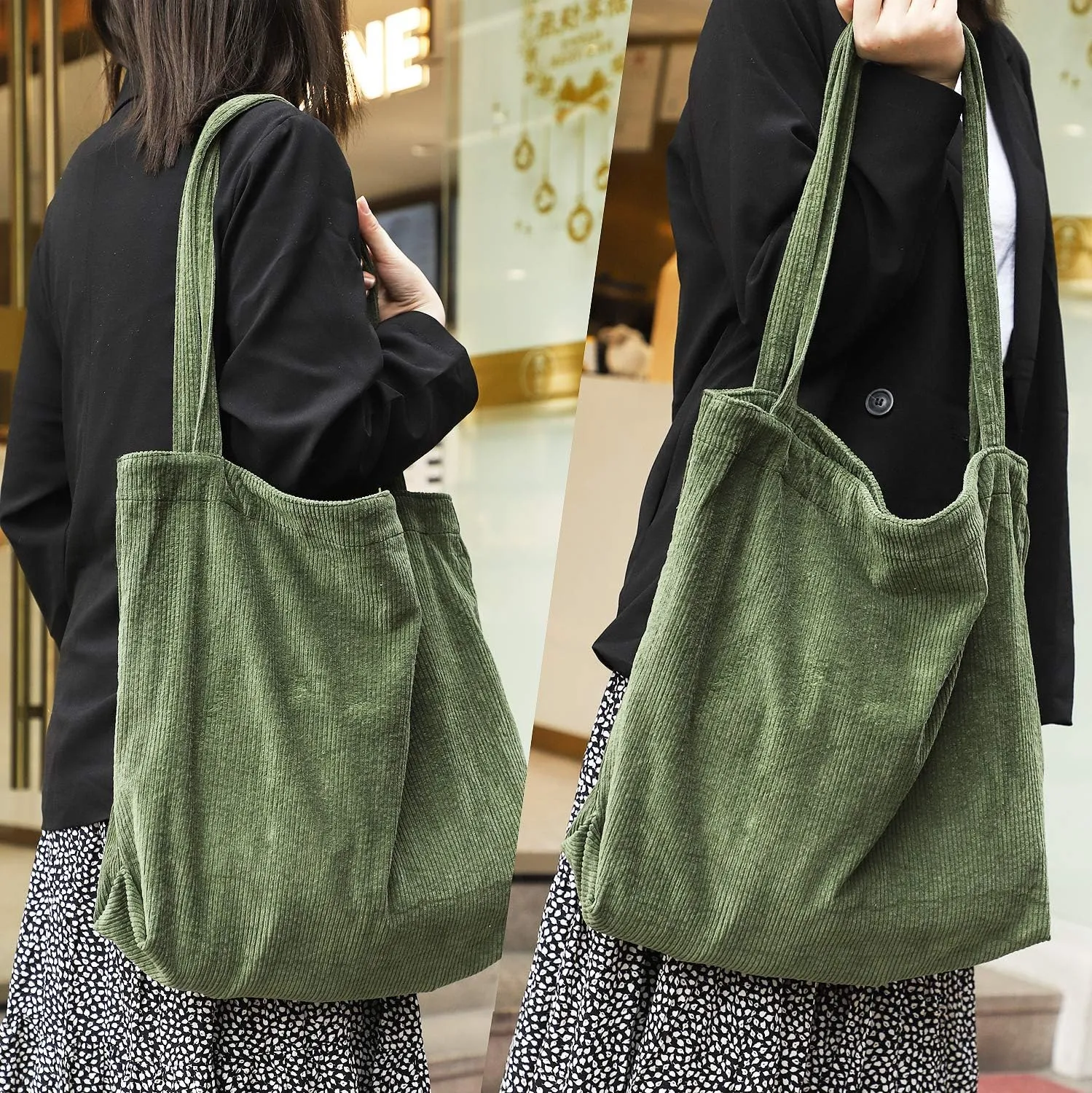 Etercycle Women Corduroy Tote Bag, Casual Handbags Big Capacity Shopping Shoulder Bag with Pocket (Army Green)