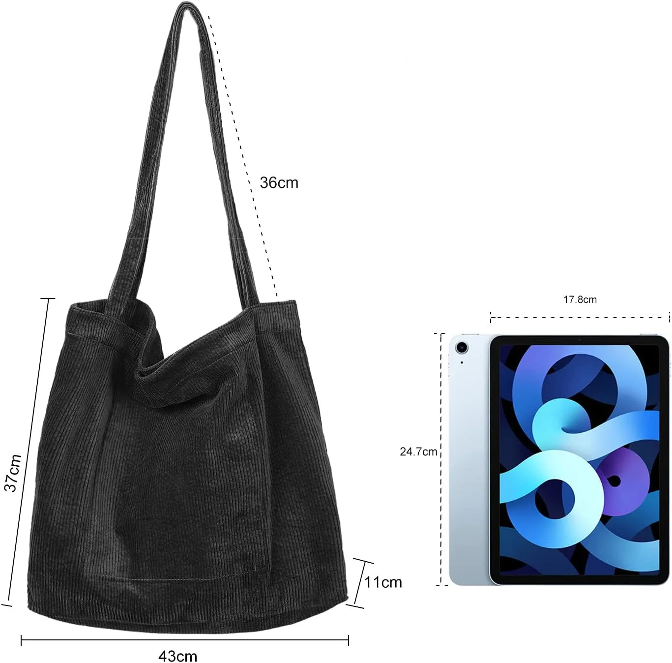 Etercycle Women Corduroy Tote Bag, Casual Handbags Big Capacity Shopping Shoulder Bag with Pocket (Black)