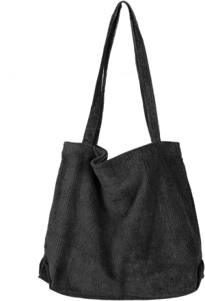 Etercycle Women Corduroy Tote Bag, Casual Handbags Big Capacity Shopping Shoulder Bag with Pocket (Black)