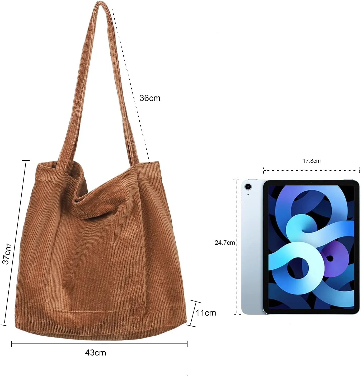 Etercycle Women Corduroy Tote Bag, Casual Handbags Big Capacity Shopping Shoulder Bag with Pocket (Brown)