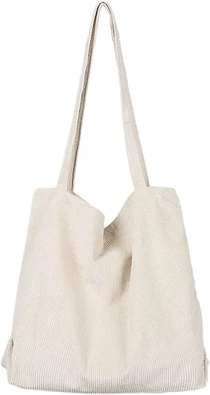 Etercycle Women Corduroy Tote Bag, Casual Handbags Big Capacity Shopping Shoulder Bag with Pocket (Cream)