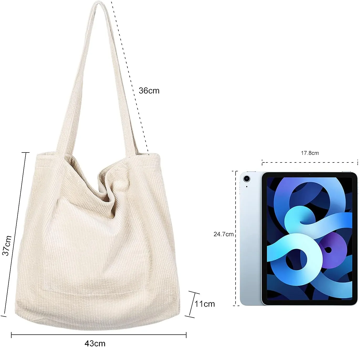 Etercycle Women Corduroy Tote Bag, Casual Handbags Big Capacity Shopping Shoulder Bag with Pocket (Cream)