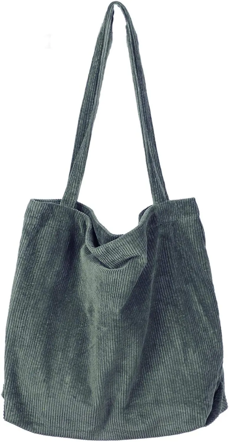 Etercycle Women Corduroy Tote Bag, Casual Handbags Big Capacity Shopping Shoulder Bag with Pocket(Dark Green)