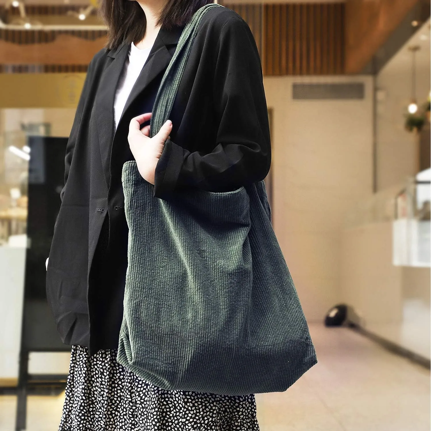 Etercycle Women Corduroy Tote Bag, Casual Handbags Big Capacity Shopping Shoulder Bag with Pocket(Dark Green)