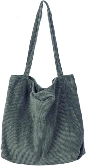 Etercycle Women Corduroy Tote Bag, Casual Handbags Big Capacity Shopping Shoulder Bag with Pocket(Dark Green)