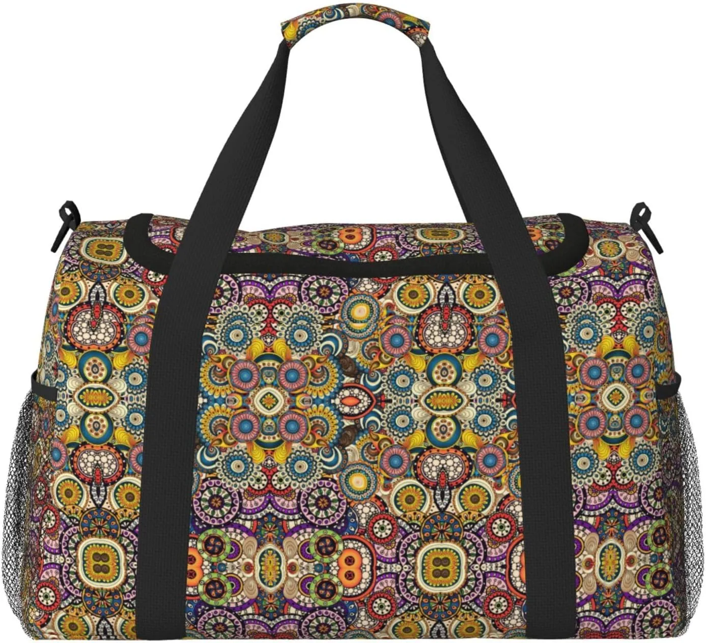 Ethnic Circles Floral Pattern print Large Canvas Travel Duffel Bag Weekender Bags for Women Overnight Bag Carry On Tote Bag