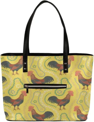 Ethnic Style Rooster Print Tote Bag Women Shoulder Handbags PU Leather Everyday Bag with External Pocket Large Capacity Aesthetic Corduroy Tote Bag for Travel Work Party
