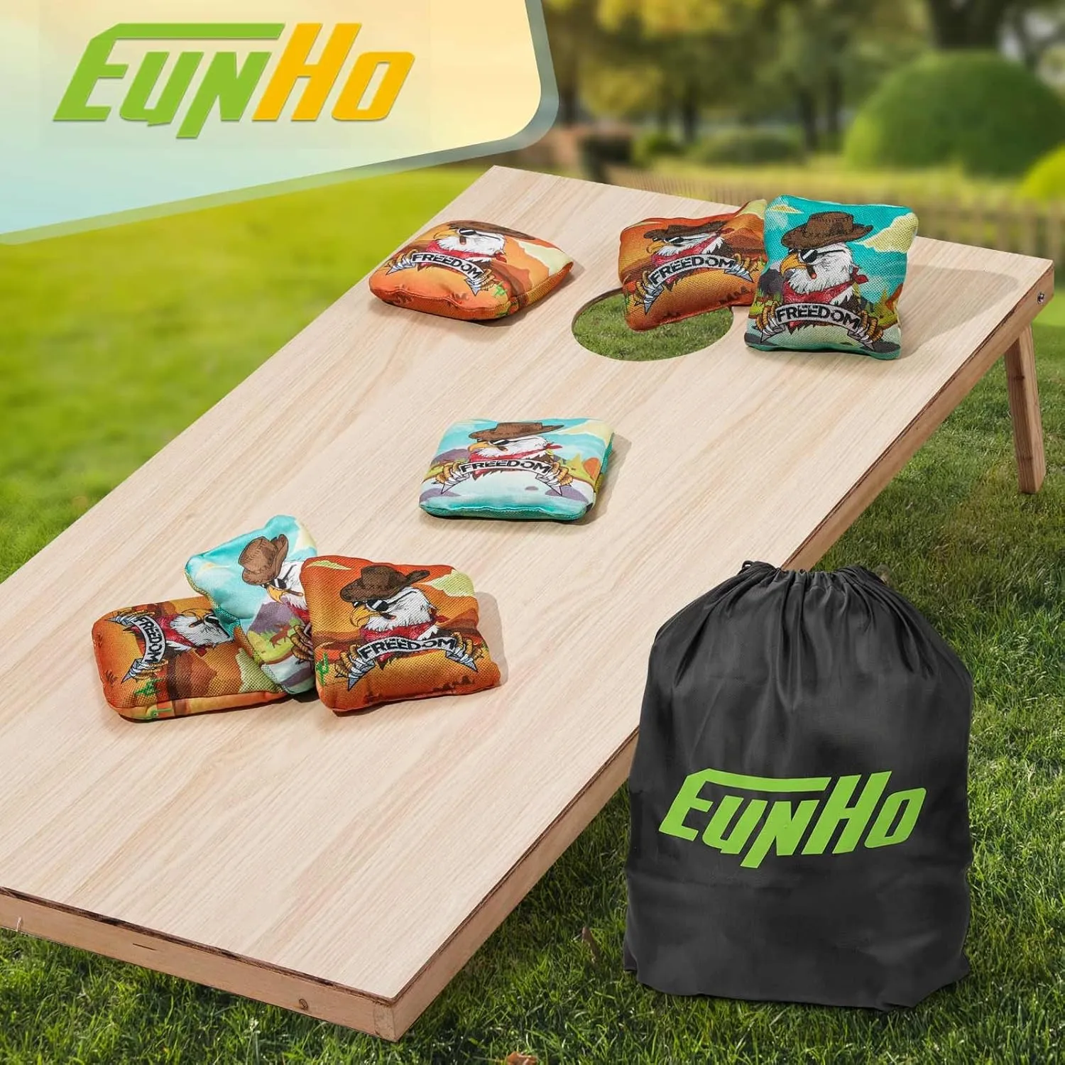 EunHo Cornhole Bags Regulation Dual Sided Set of 8, Professional Cornhole Bean Bags Slick & Sticky Side Bags with Carry Bag