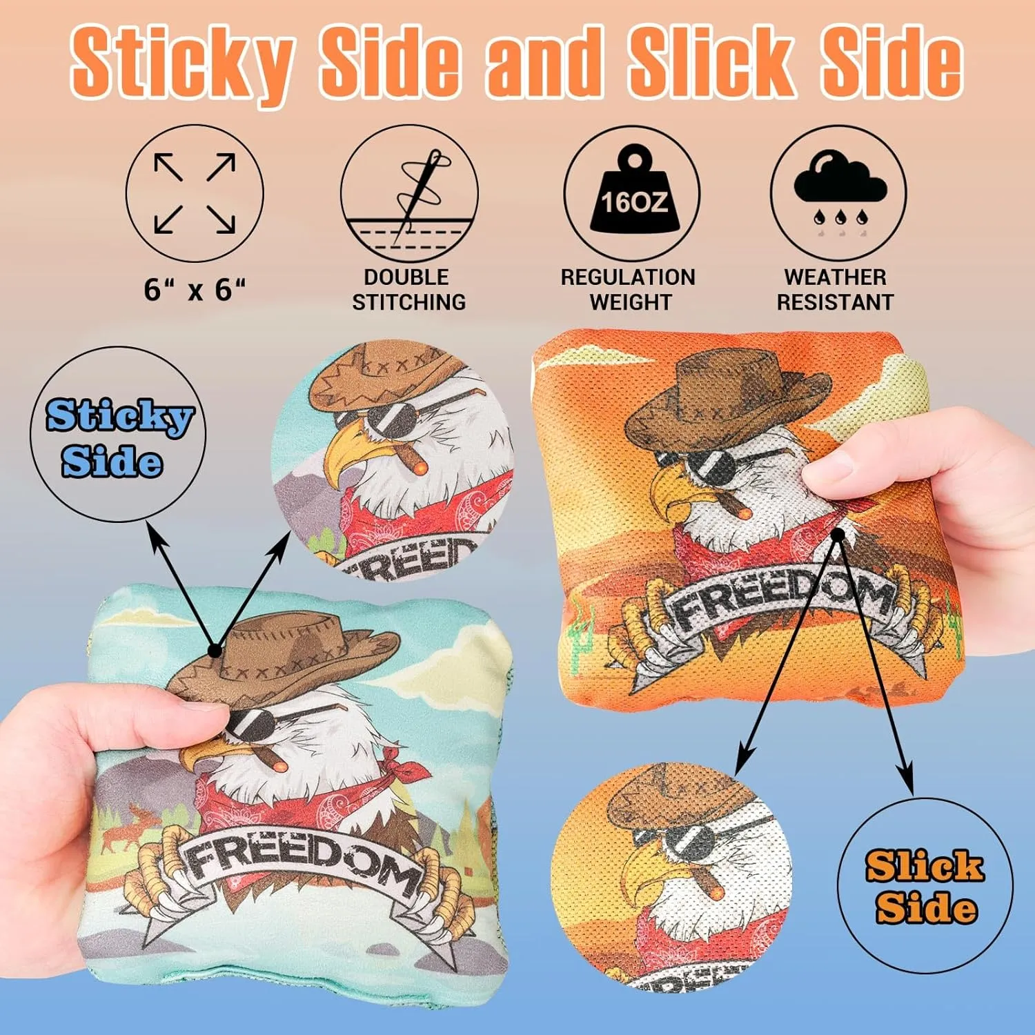 EunHo Cornhole Bags Regulation Dual Sided Set of 8, Professional Cornhole Bean Bags Slick & Sticky Side Bags with Carry Bag