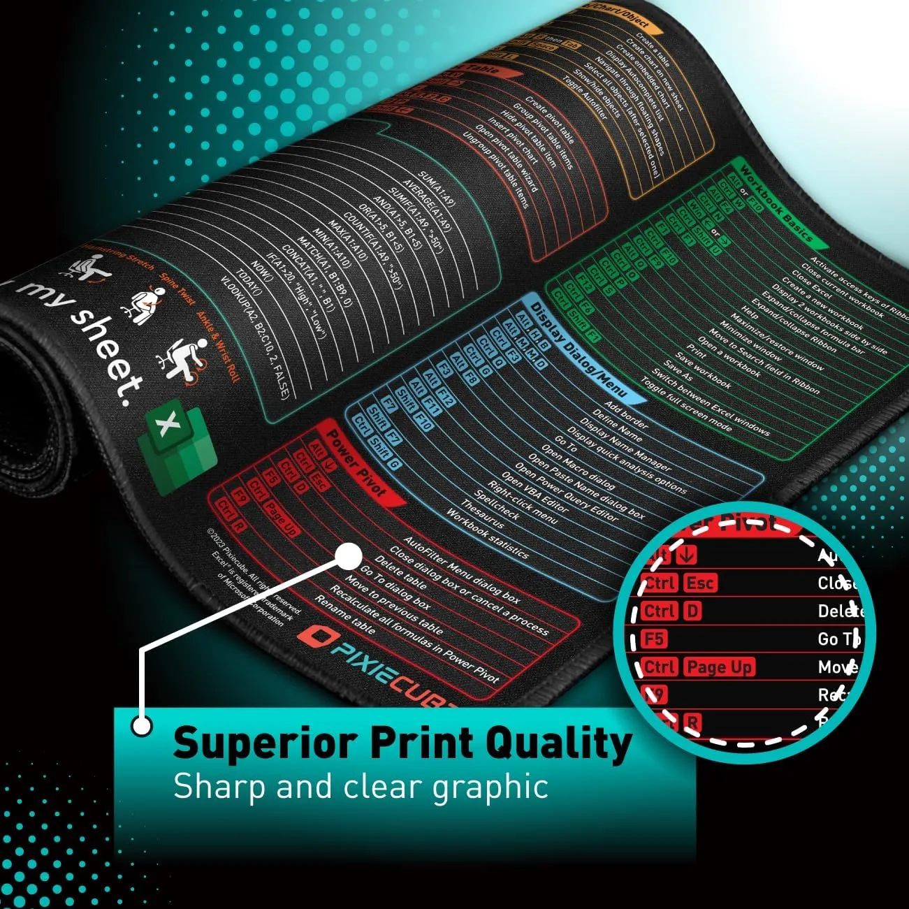 Excel Shortcut Keys Mouse Pad - Extended Large XXL Cheat Sheet Gaming Mousepad | PC Office Spreadsheet Keyboard Mat | Non-Slip Stitched Edge