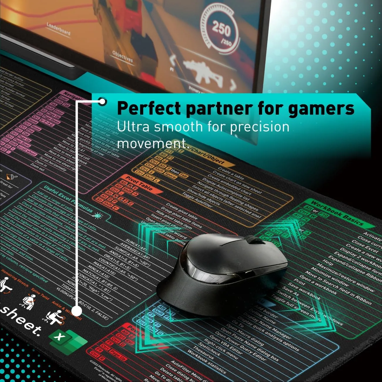 Excel Shortcut Keys Mouse Pad - Extended Large XXL Cheat Sheet Gaming Mousepad | PC Office Spreadsheet Keyboard Mat | Non-Slip Stitched Edge