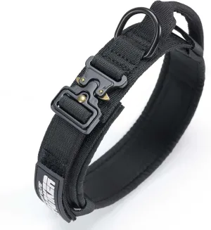 EXCELLENT ELITE SPANKER Tactical Dog Collar Nylon Adjustable Training Collar Military Dog Collar Heavy Duty Metal Buckle with Control Handle for Medium and Large Dogs with Patches(Black-L)