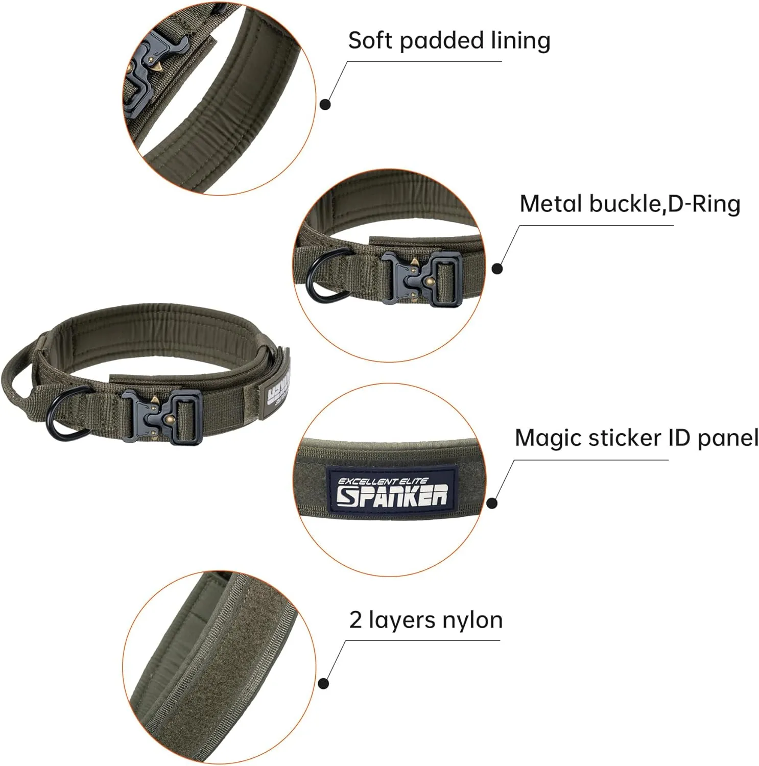 EXCELLENT ELITE SPANKER Tactical Dog Collar Nylon Adjustable Training Collar Military Dog Collar Heavy Duty Metal Buckle with Control Handle for Medium and Large Dogs with Patches(Ranger Green-L)