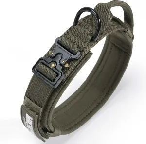 EXCELLENT ELITE SPANKER Tactical Dog Collar Nylon Adjustable Training Collar Military Dog Collar Heavy Duty Metal Buckle with Control Handle for Medium and Large Dogs with Patches(Ranger Green-L)
