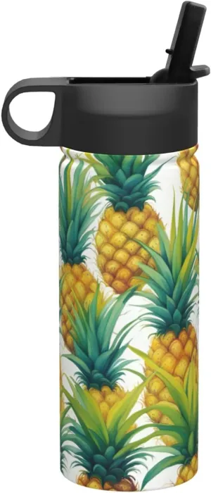 Exotic Tropical Pineapples Print Flask Stainless Steel Water Bottle with Straw 18OZ FOR Outdoor Gym Commute